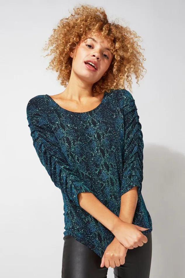 Teal Pleat Sleeve Snake Print Sparkle Top Women Roman Tops