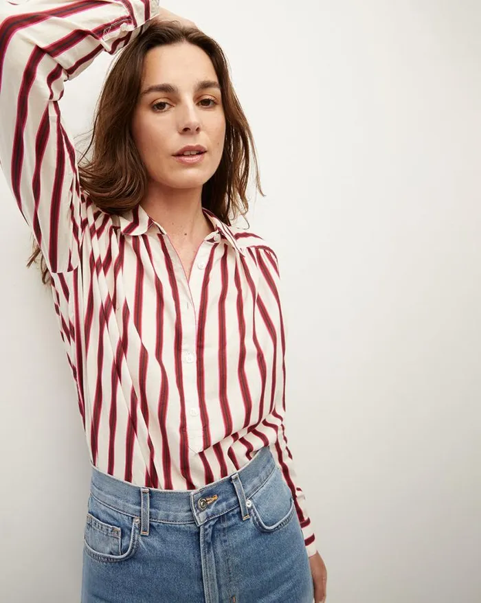 Tops and Tees Shop Veronica Beard Cambrie ButtonDown Striped Shirt Offwhitemaroon Tops and Tees Shop Veronica Beard Cambrie ButtonDown Striped Shirt Offwhitemaroon
