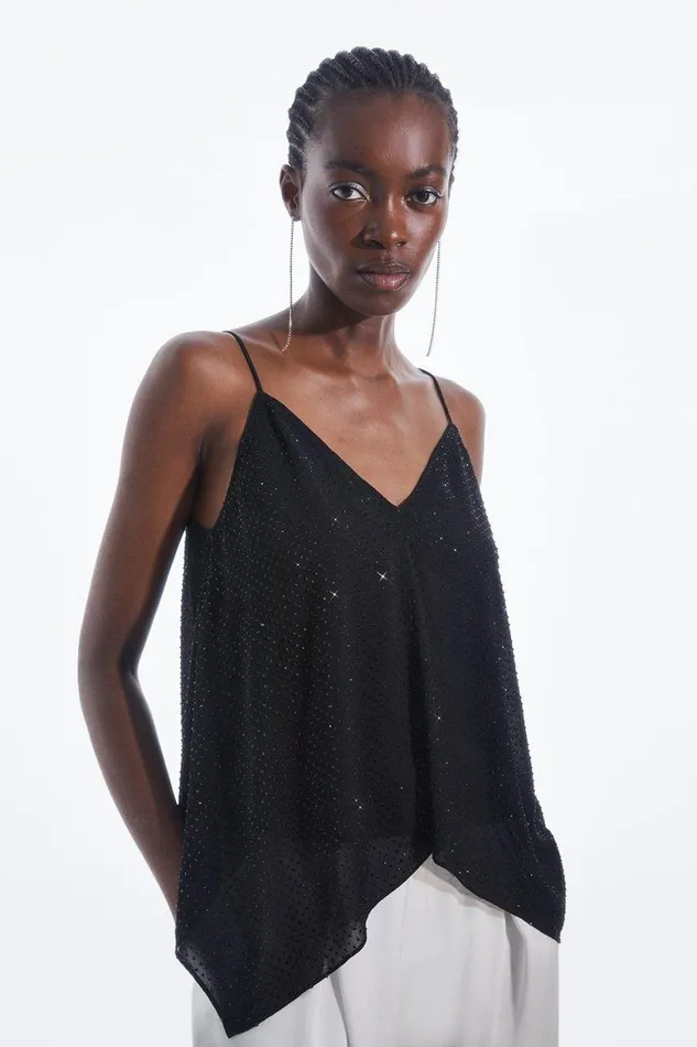 Tops Women Karen Millen All Over Embellished Georgette Woven Cami Top Black