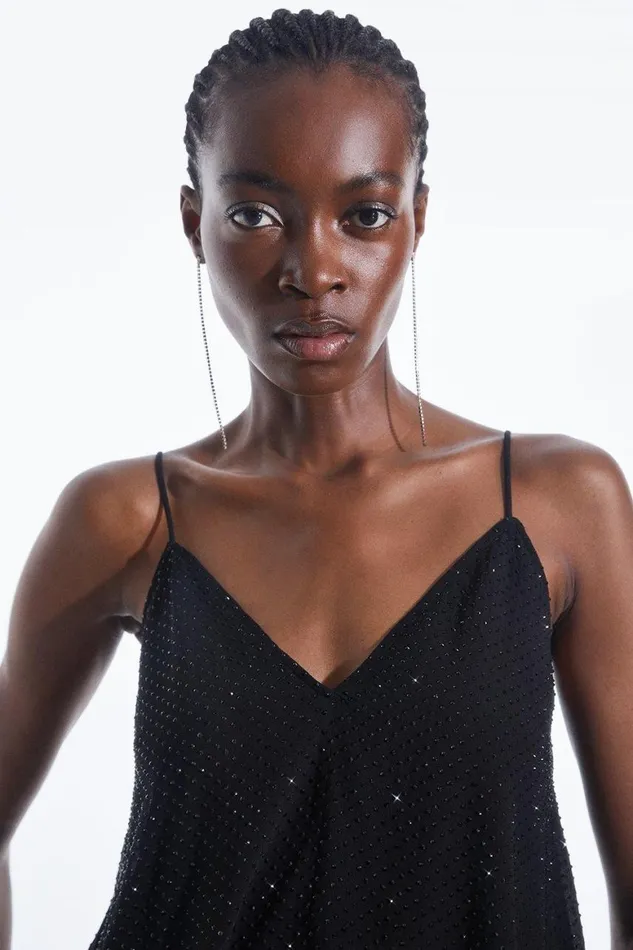 Tops Women Karen Millen All Over Embellished Georgette Woven Cami Top Black