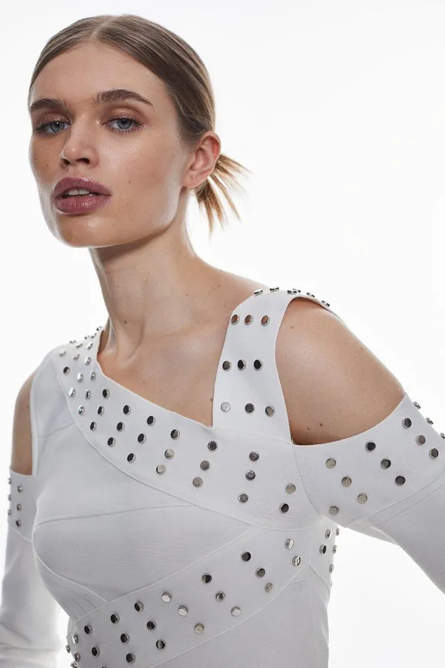 Tops Women Karen Millen Bandage Knit Cold Shoulder Stud Detail Asymmetric Top Cream Tops Women Karen Millen Bandage Knit Cold Shoulder Stud Detail Asymmetric Top Cream