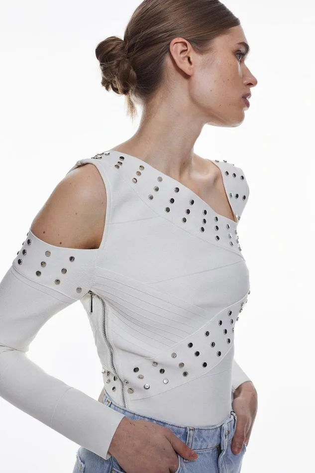 Tops Women Karen Millen Bandage Knit Cold Shoulder Stud Detail Asymmetric Top Cream