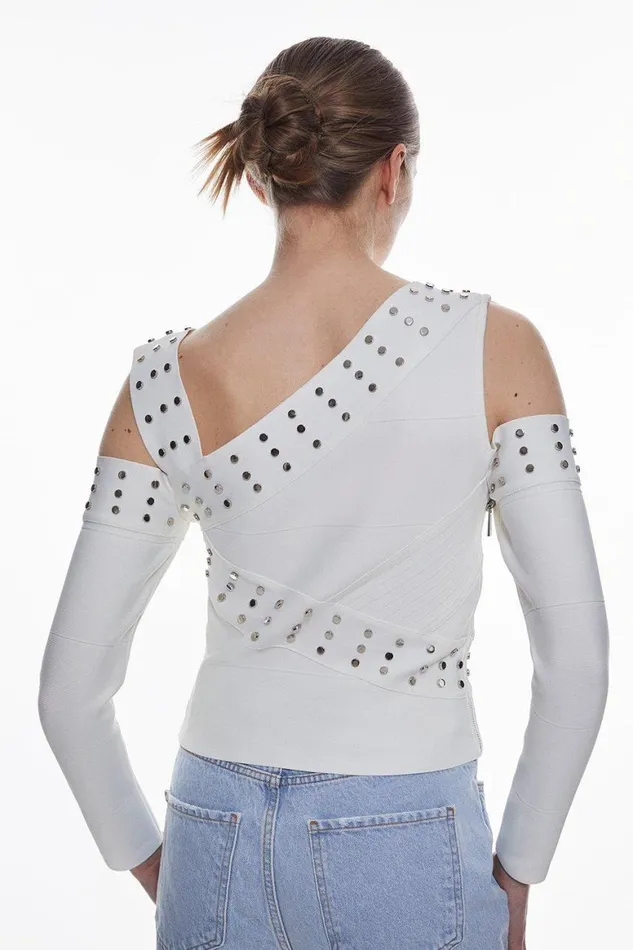 Tops Women Karen Millen Bandage Knit Cold Shoulder Stud Detail Asymmetric Top Cream