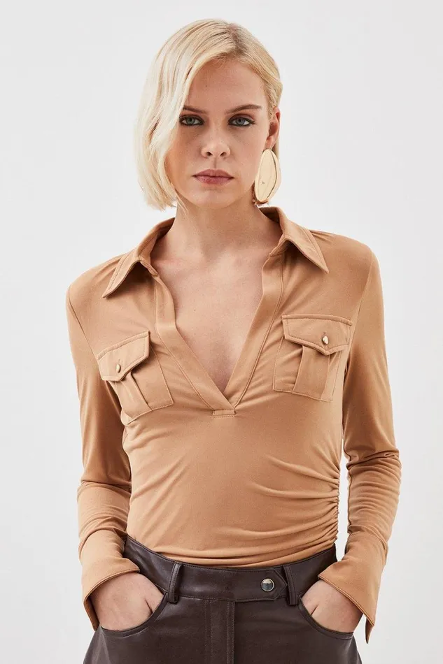 Tops Women Karen Millen Drapey Crepe Long Sleeve Top Camel