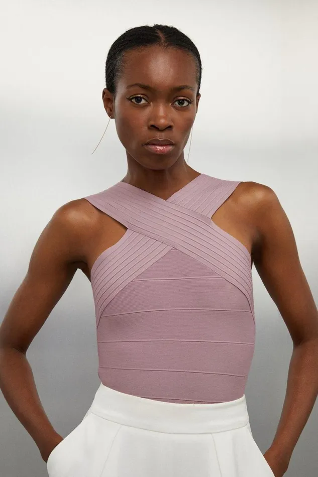 Tops Women Karen Millen Figure Form Bandage Cross Front Knit Top Mauve