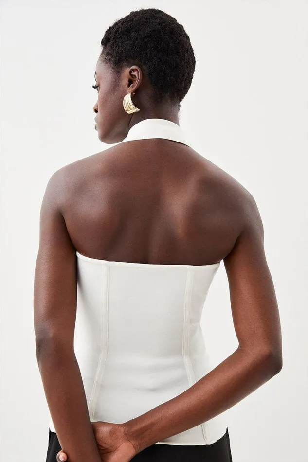 Tops Women Karen Millen Halter Neck Button Front Bandage Knit Top Cream