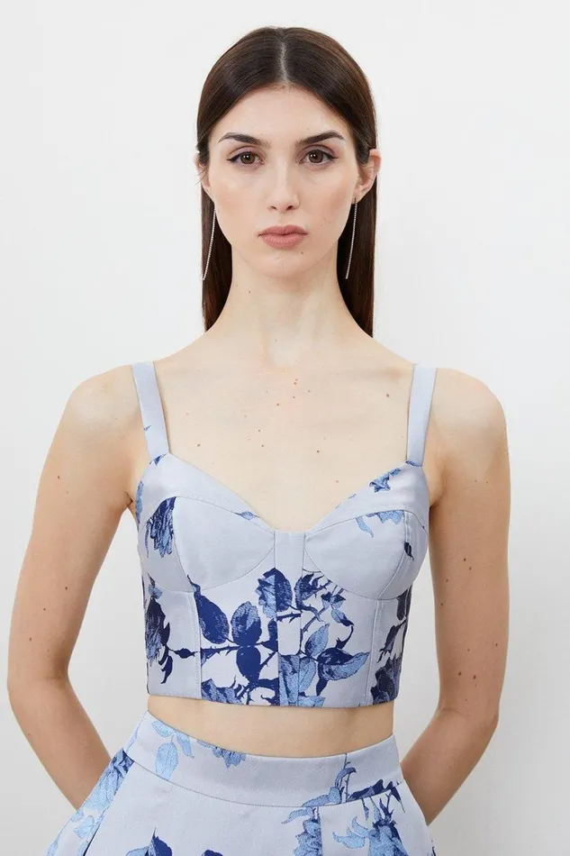 Tops Women Karen Millen Jacquard Bodice Woven Top Blue