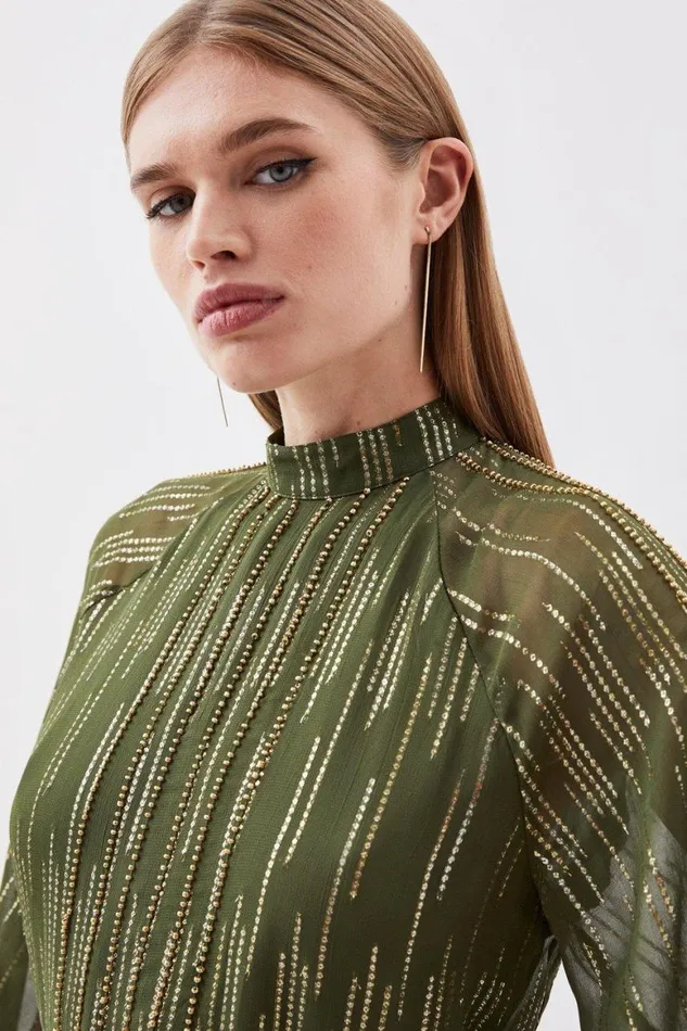Tops Women Karen Millen Metallic Embellished Beaded Woven Top Khaki