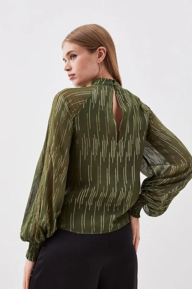 Tops Women Karen Millen Metallic Embellished Beaded Woven Top Khaki
