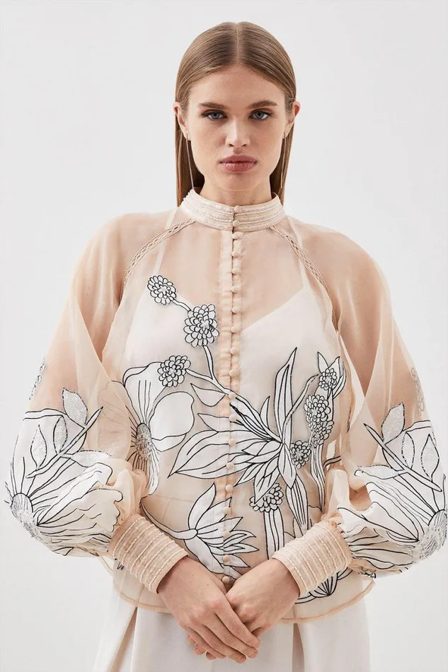 Tops Women Karen Millen Organdie Applique Buttoned Satin Woven Blouse Blush