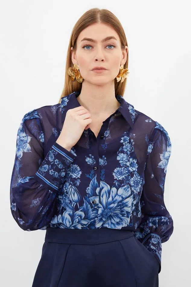 Tops Women Karen Millen Organdie Floral Placement Print Woven Tie Blouse Navy Tops Women Karen Millen Organdie Floral Placement Print Woven Tie Blouse Navy