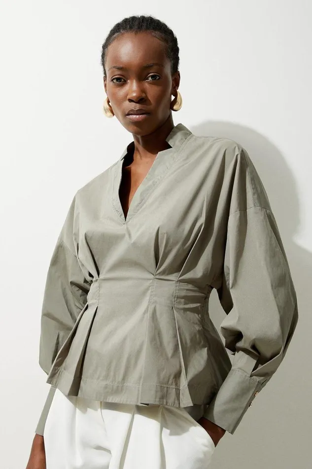 Tops Women Karen Millen Poplin Balloon Sleeve Buttoned Pintuck Woven Shirt Khaki Tops Women Karen Millen Poplin Balloon Sleeve Buttoned Pintuck Woven Shirt Khaki