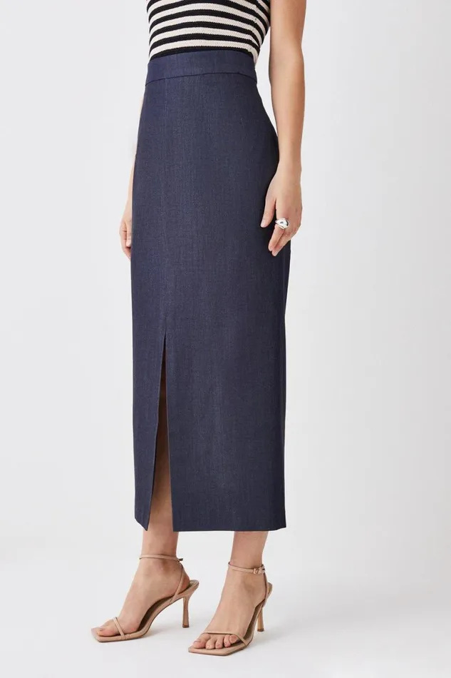 Tops Women Karen Millen Tailored Denim Corset Detail Midi Skirt Denim