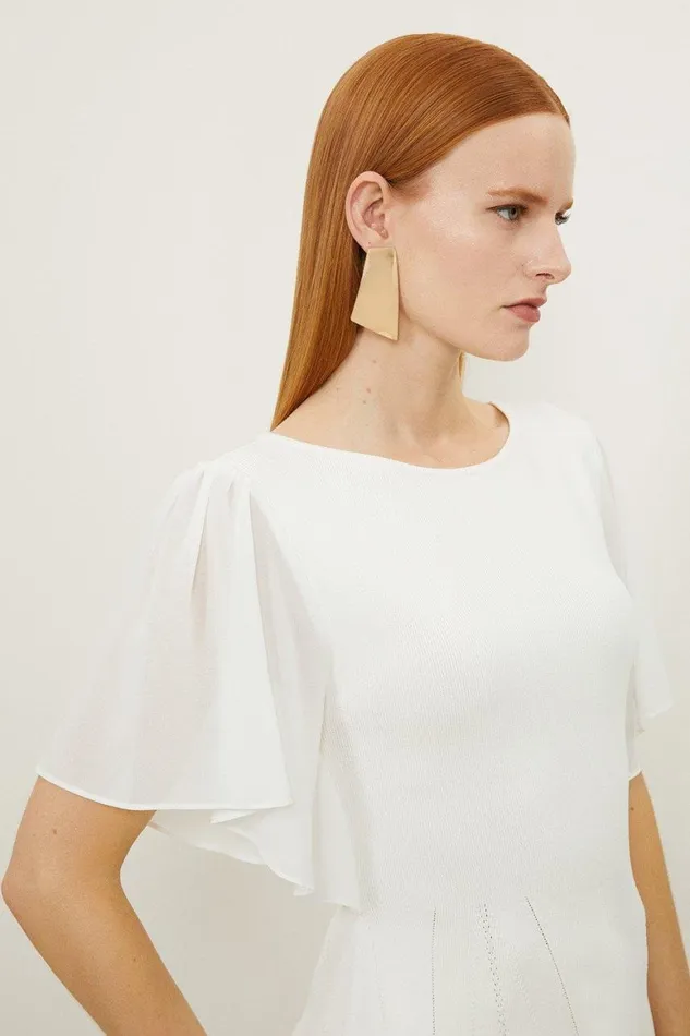 Tops Women Karen Millen Viscose Blend Knit Chiffon Angel Sleeve Peplum Top Cream