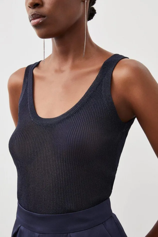 Tops Women Karen Millen Viscose Blend Metallic Sparkle Knit Vest Top Navy