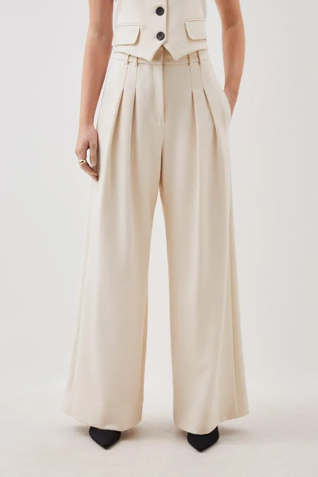 Trousers Women Karen Millen Compact Stretch Tailored Pleated Straight Leg Trousers Cream