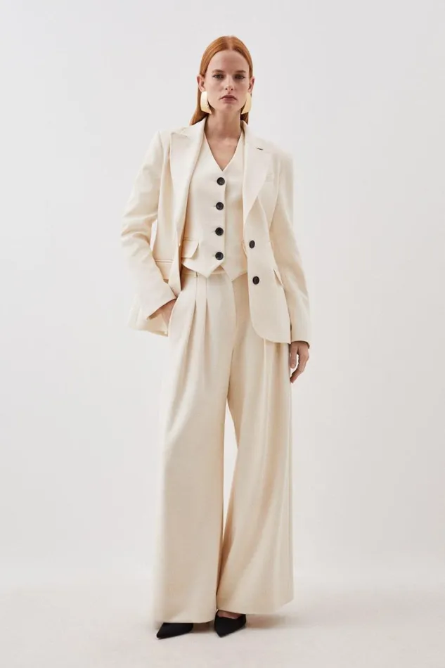 Trousers Women Karen Millen Compact Stretch Tailored Pleated Straight Leg Trousers Cream