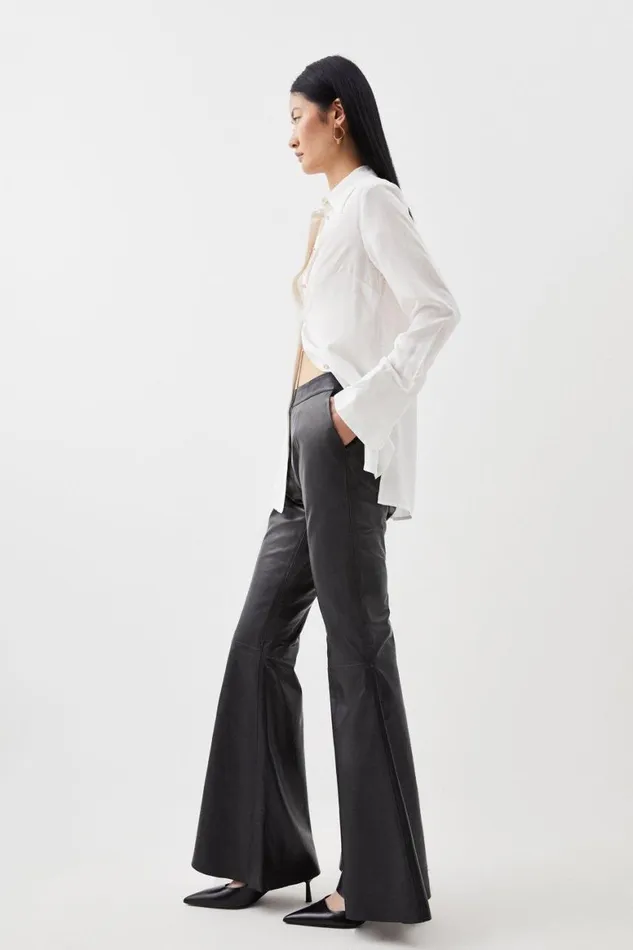 Trousers Women Karen Millen Leather Low Rise Flared Trousers Black