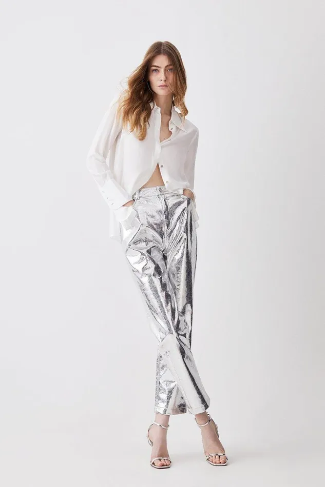 Trousers Women Karen Millen Metallic Faux Leather Tailored Straight Leg Trouser Silver