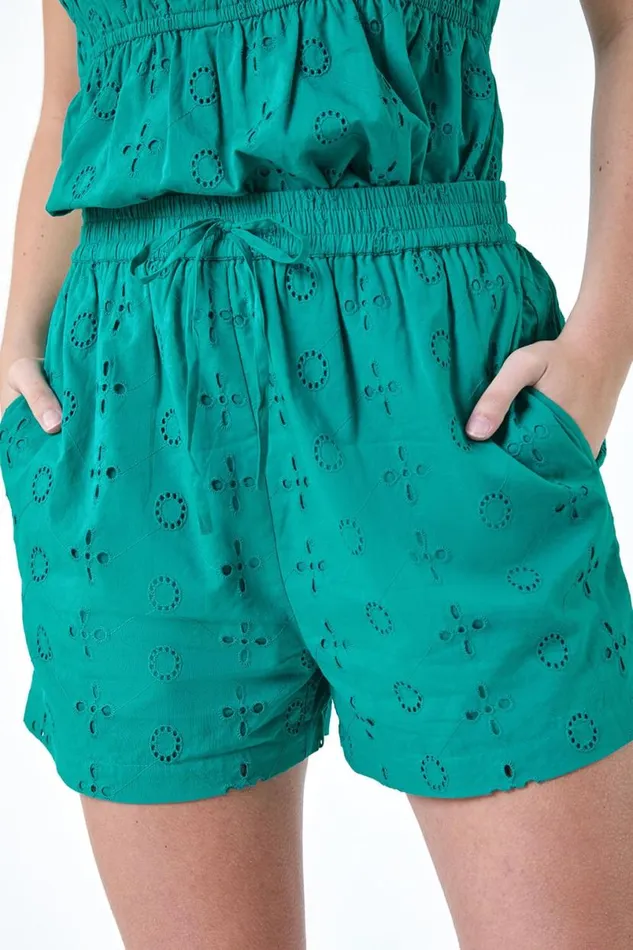 Turquoise Elastic Waist Cotton Broderie Anglaise Shorts Women Roman Shorts