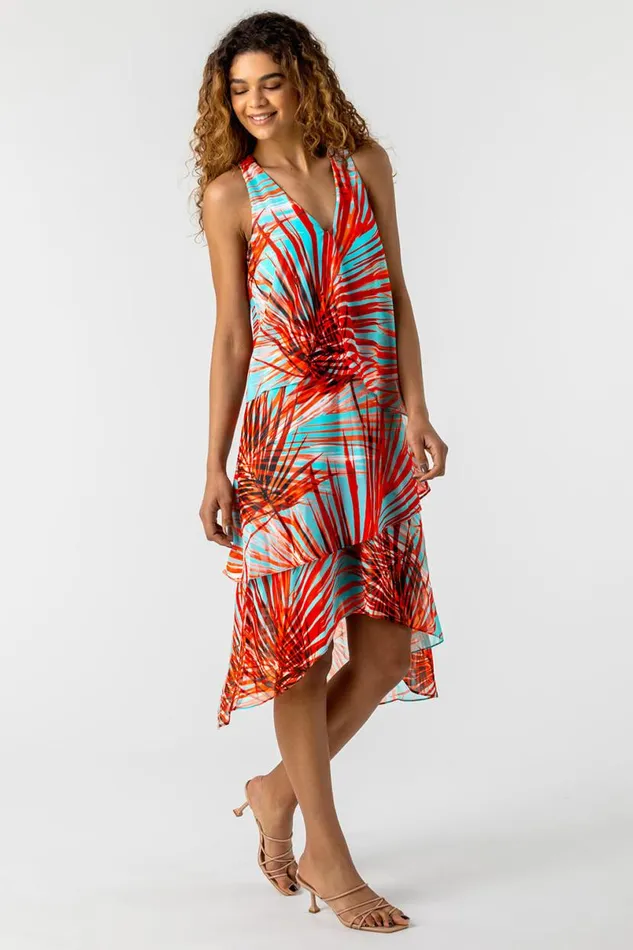Turquoise Layered Chiffon Tropical Print Dress Women Roman Dresses