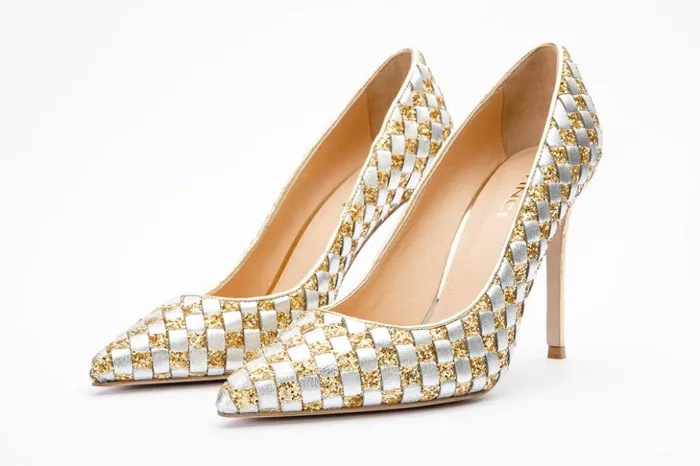 Vinci Leather Heels The Saks Tory Gold and Silver Handwoven Leather Pump Shoe 8211 Women