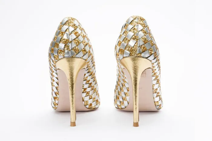 Vinci Leather Heels The Saks Tory Gold and Silver Handwoven Leather Pump Shoe 8211 Women