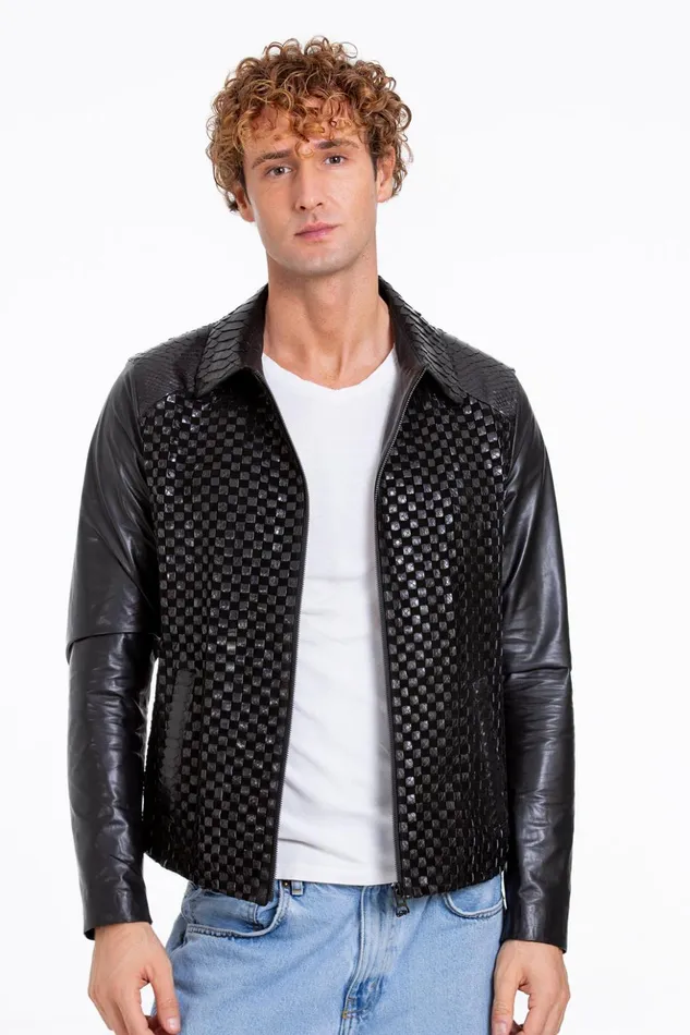 Vinci Leather Leather Jackets The Bedford Pythn Skin Handwoven Leather Black Jacket 8211 Men