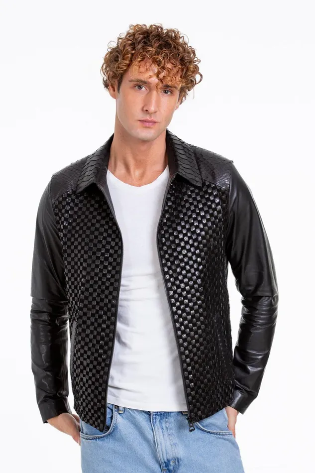 Vinci Leather Leather Jackets The Bedford Pythn Skin Handwoven Leather Black Jacket 8211 Men