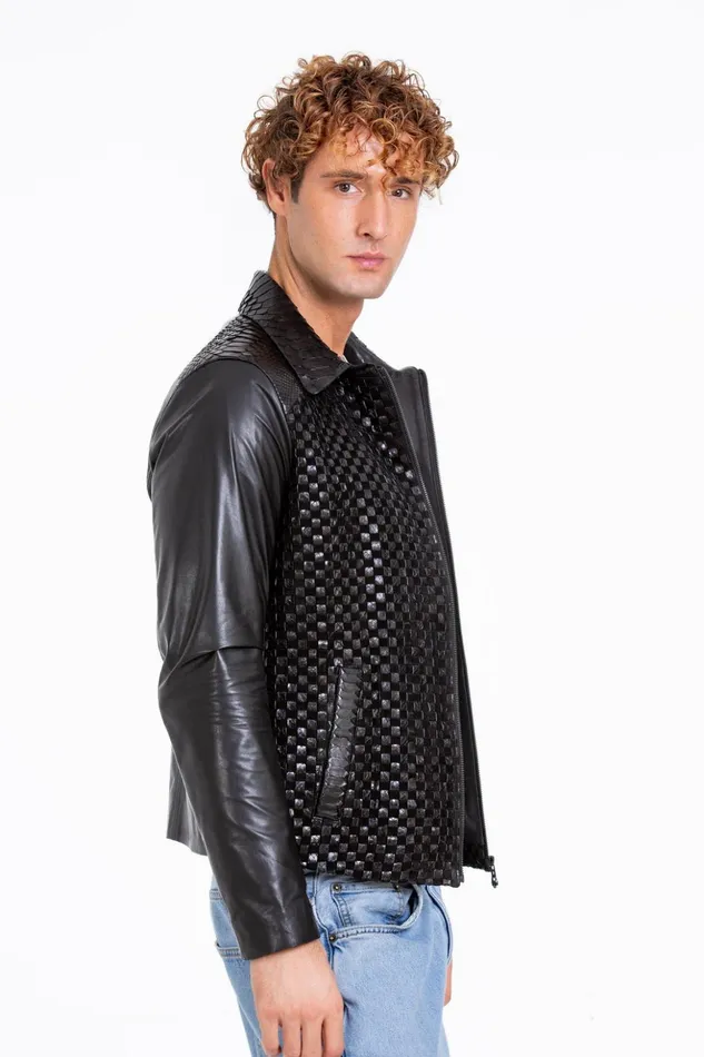 Vinci Leather Leather Jackets The Bedford Pythn Skin Handwoven Leather Black Jacket 8211 Men