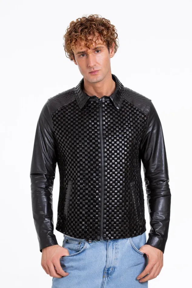 Vinci Leather Leather Jackets The Bedford Pythn Skin Handwoven Leather Black Jacket 8211 Men