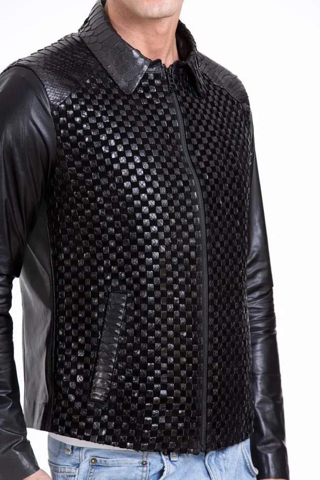 Vinci Leather Leather Jackets The Bedford Pythn Skin Handwoven Leather Black Jacket 8211 Men