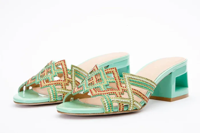 Vinci Leather Sandals The Palma Green Glitter Leather Block Heel Sandal 8211 Women