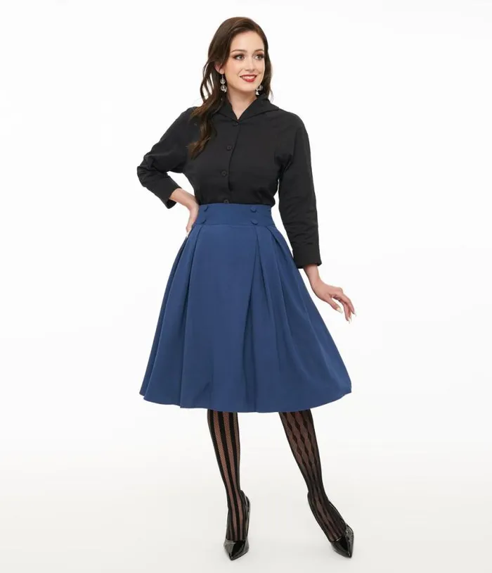 Voodoo Vixen 1950s Blue Pleated High Waist Flare Skirt ClothingPlus Unique Vintage Skirts Voodoo Vixen 1950s Blue Pleated High Waist Flare Skirt ClothingPlus Unique Vintage Skirts