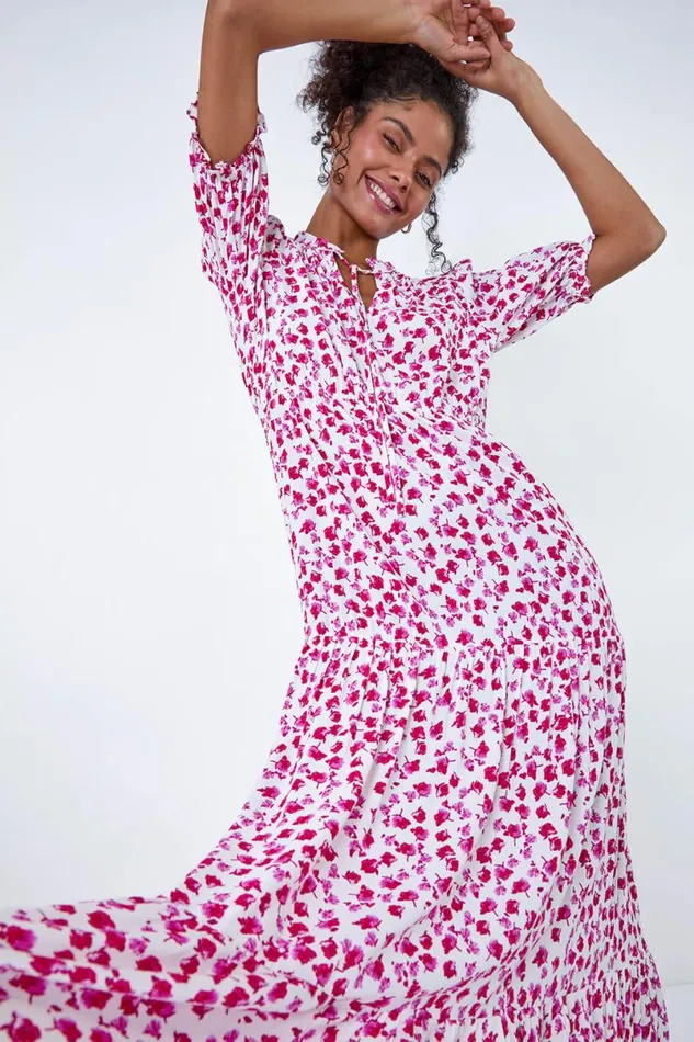 White Ditsy Floral Tie Neck Midi Dress Women Roman Dresses