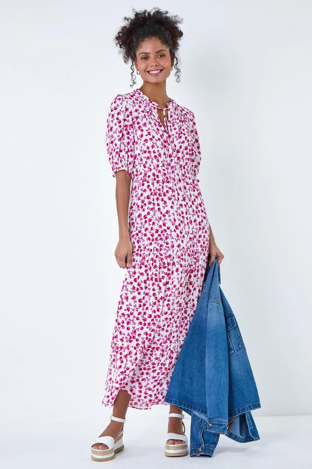 White Ditsy Floral Tie Neck Midi Dress Women Roman Dresses