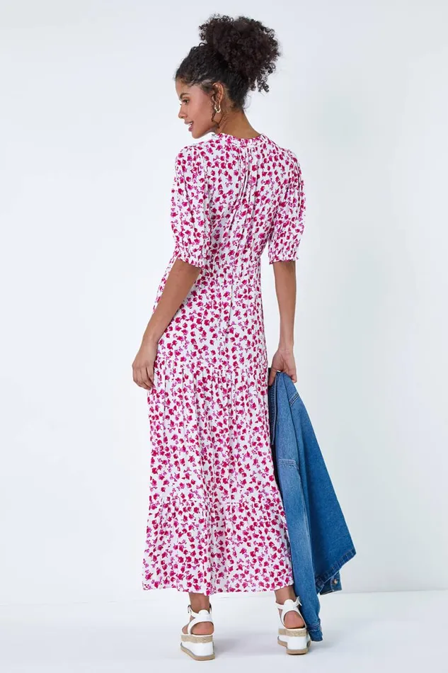 White Ditsy Floral Tie Neck Midi Dress Women Roman Dresses