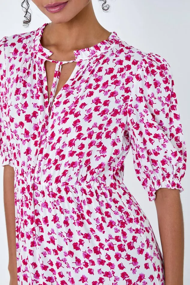 White Ditsy Floral Tie Neck Midi Dress Women Roman Dresses