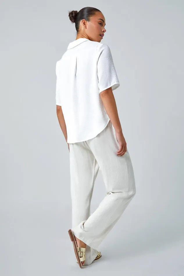 White Petite Button Up Pocket Shirt Women Roman Tops
