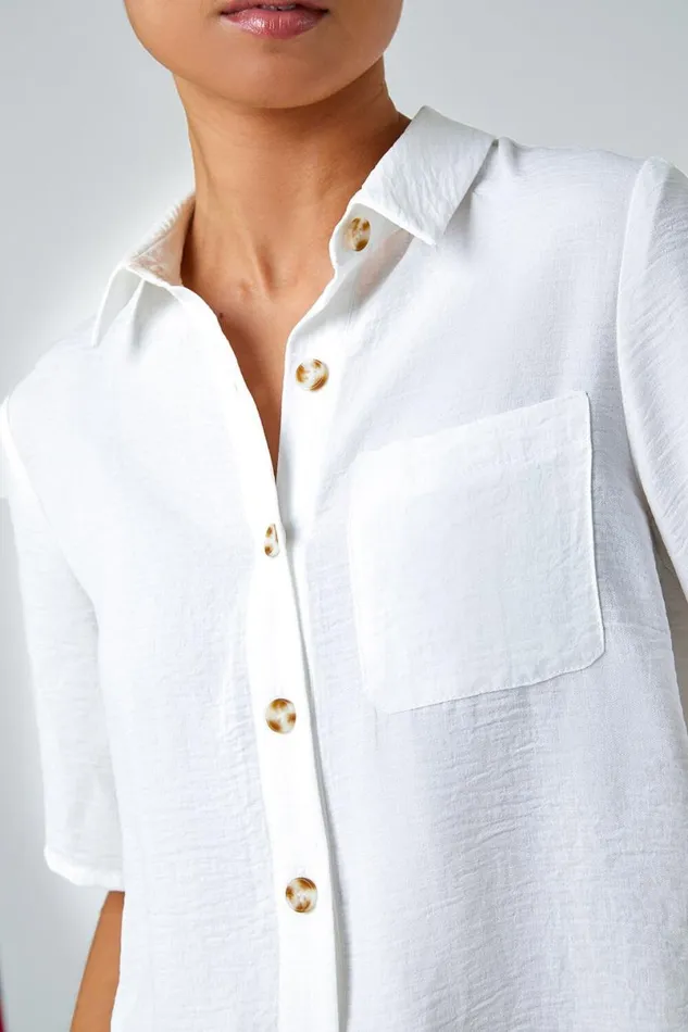 White Petite Button Up Pocket Shirt Women Roman Tops