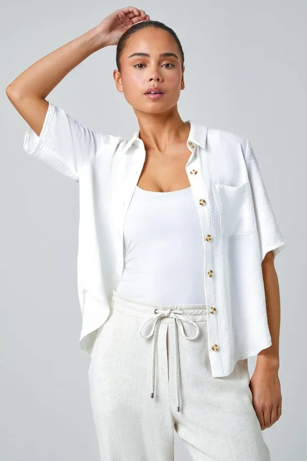White Petite Button Up Pocket Shirt Women Roman Tops
