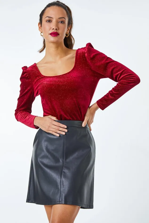 Wine Puff Sleeve Glitter Detail Long Sleeve Velvet Top Women Roman Tops