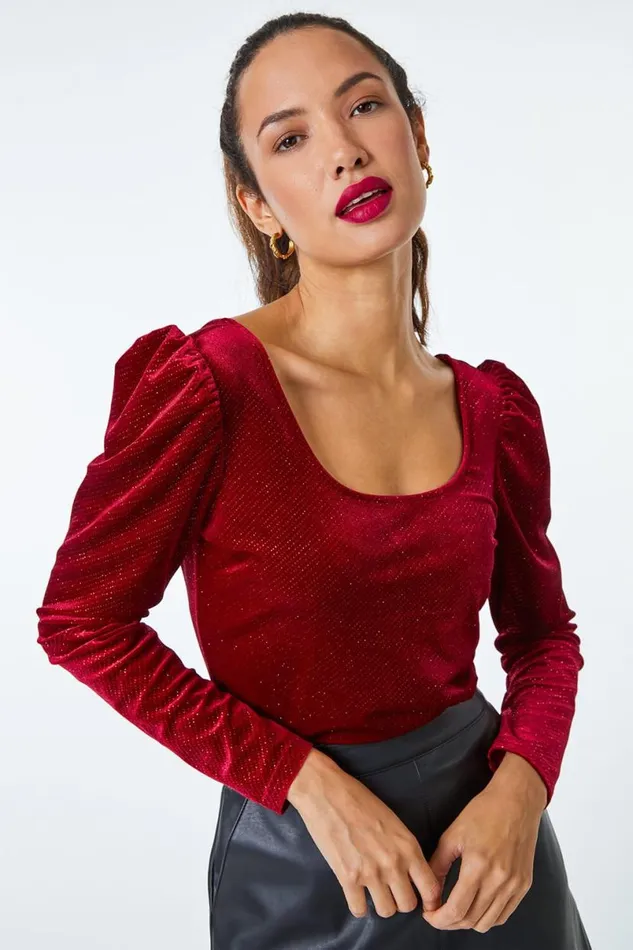 Wine Puff Sleeve Glitter Detail Long Sleeve Velvet Top Women Roman Tops