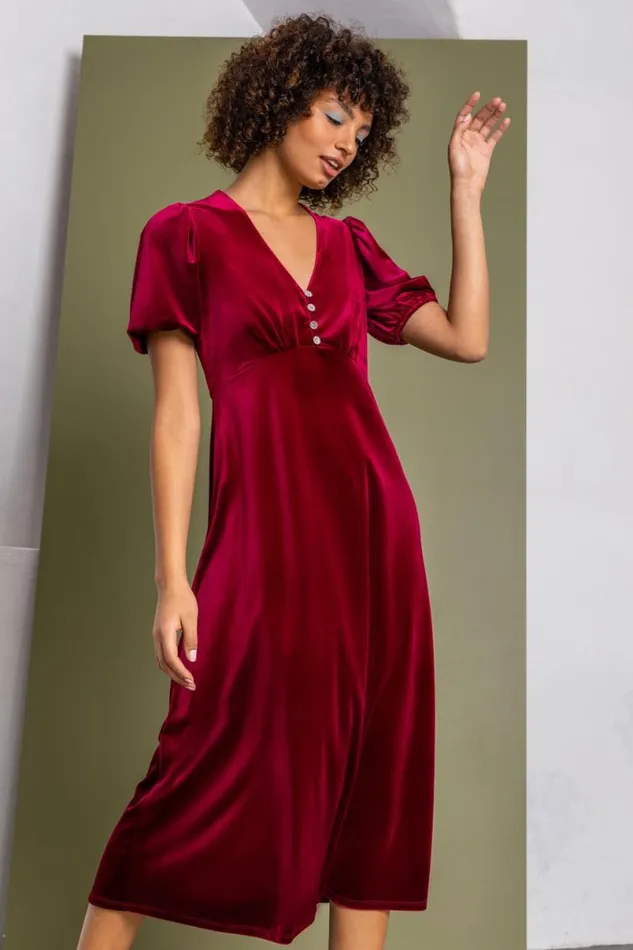 Wine Velvet Button Detail Fit and Flare Dress Women Roman Dresses