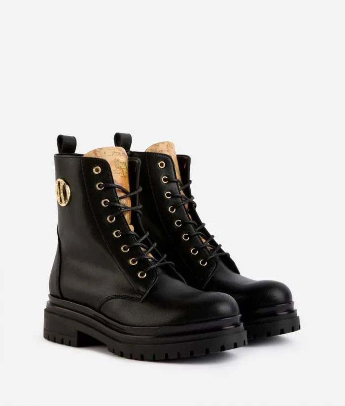 Woman Boots and Booties Alviero Martini Smooth Leather LaceUp Boots With 1c Rhinestone Detail Black