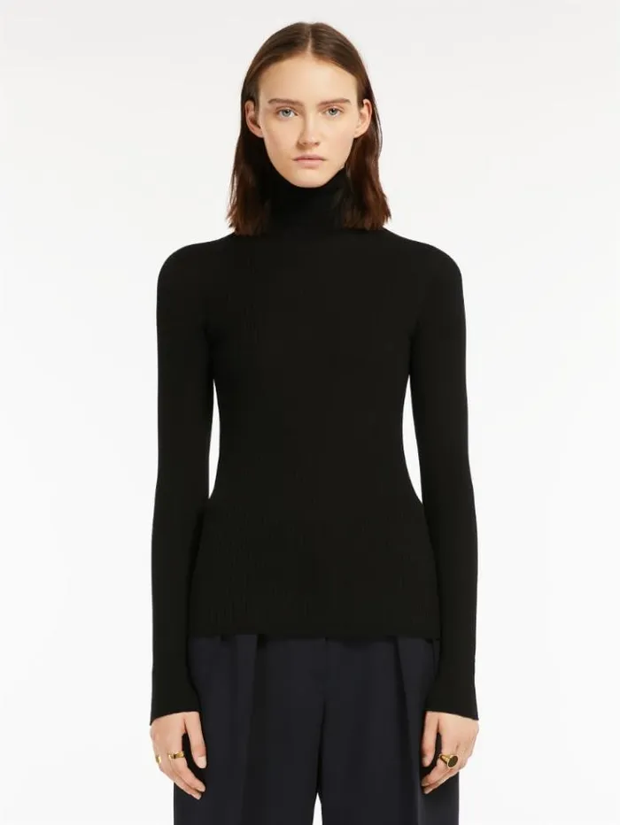 Woman Pure Virgin Wool Mock Poloneck Sweater Black Maxmara Knitwear And Sweatshirts Woman Pure Virgin Wool Mock Poloneck Sweater Black Maxmara Knitwear And Sweatshirts