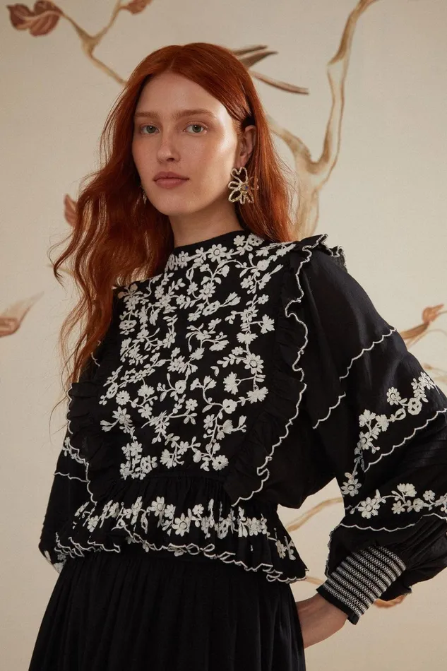 Women Black Embroidered Ruffle Longe Sleeve Blouse Black FARM Rio Blouses