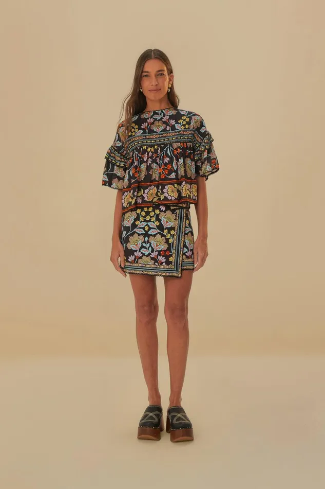 Women Black Flowery Ruffle Blouse Flowery Black FARM Rio Blouses