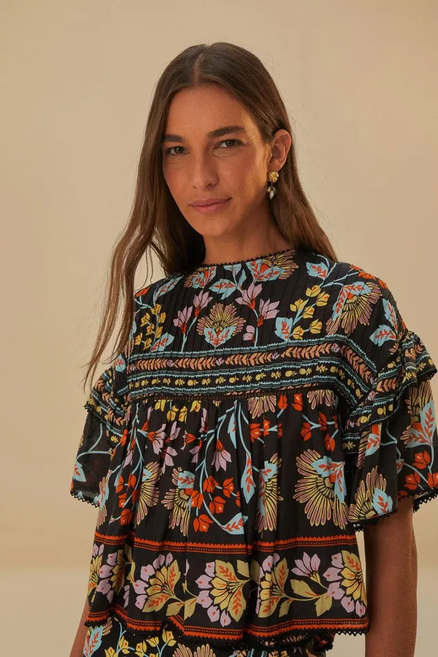 Women Black Flowery Ruffle Blouse Flowery Black FARM Rio Blouses