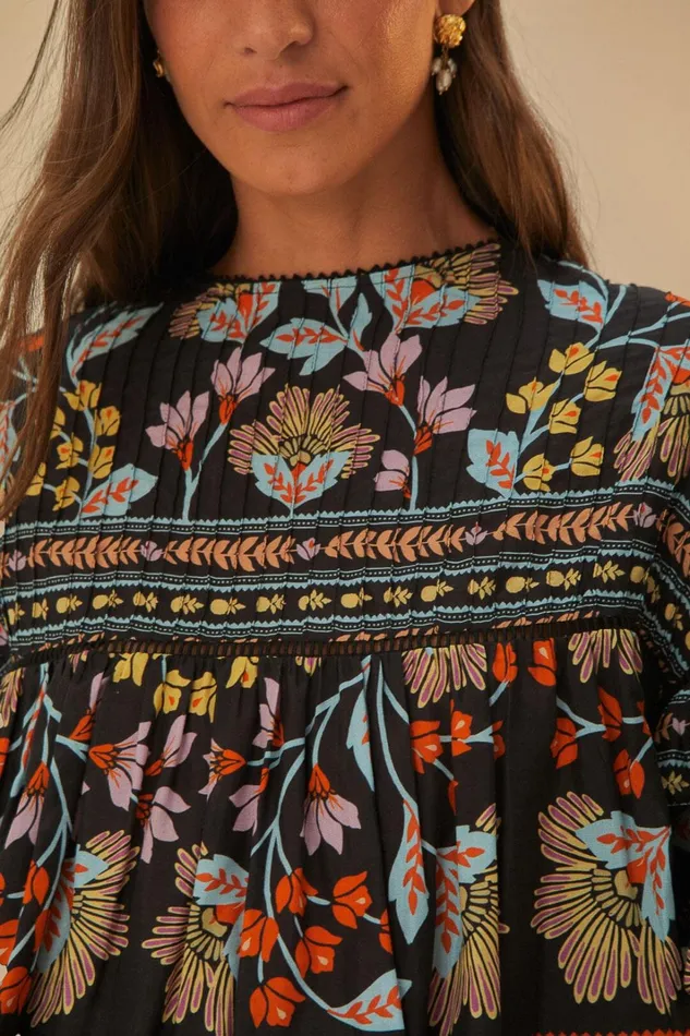 Women Black Flowery Ruffle Blouse Flowery Black FARM Rio Blouses